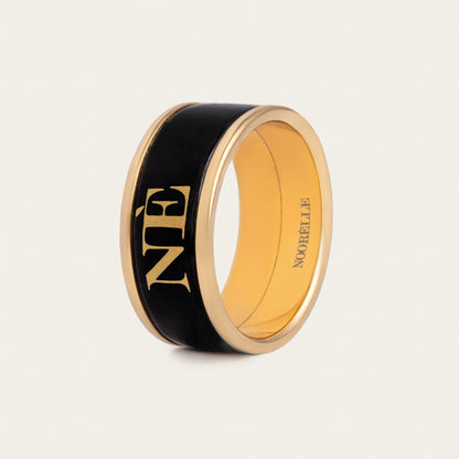noorelle, monochrome black ring, monochrome ring, jewellery, rings, ring for girl , gold and balck ring, printed ring
