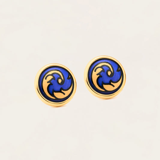 noorelle, elle earrings, blue and gold printed earrings, earrings for girl